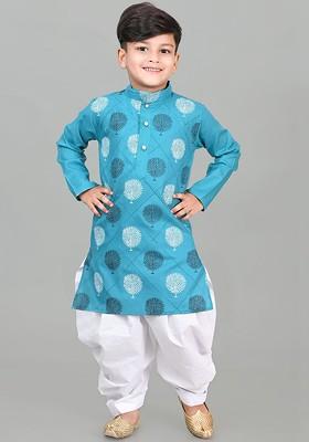 Boys Printed Mandarin Collar Straight Kurta With Patiala