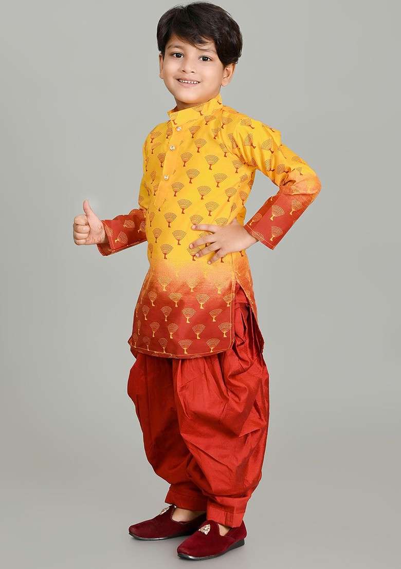 Boys Floral Printed Regular Dupion Silk Kurta With Patiala Set - Indya