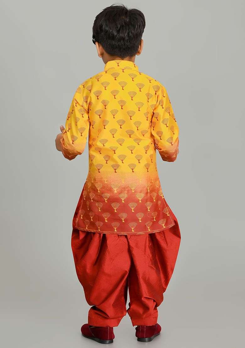 Boys Floral Printed Regular Dupion Silk Kurta With Patiala Set - Indya