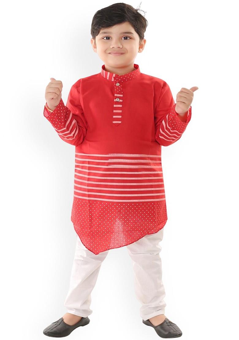Boys Striped Pure Cotton Kurta With Trousers - Indya