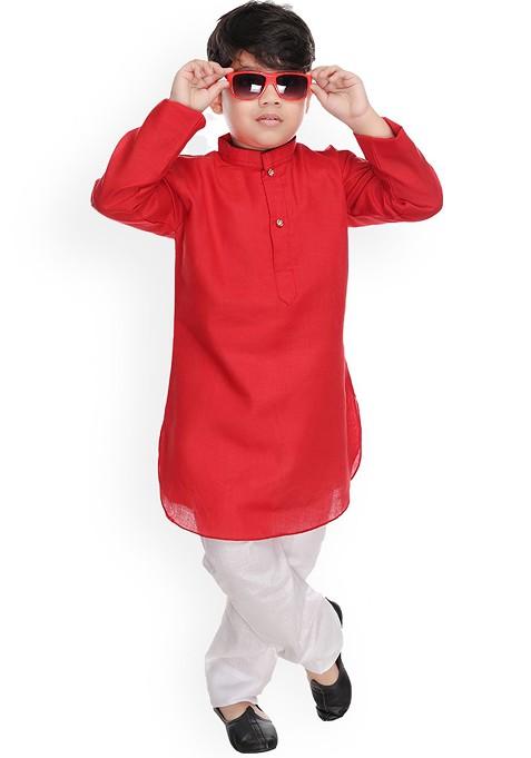 Boys Mandarin Collar Pure Cotton Kurta With Trousers