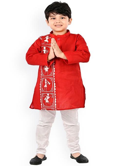 Boys Ethnic Motifs Printed Regular Pure Cotton Kurta With Churidar