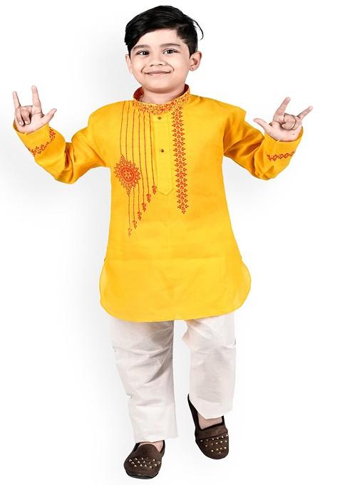 Boys Ethnic Motifs Printed Straight Pure Cotton Kurta With Trousers — view on Indya