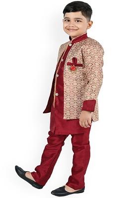 Boys Mandarin Collar Regular Kurta With Pyjamas With Woven Design Jacket