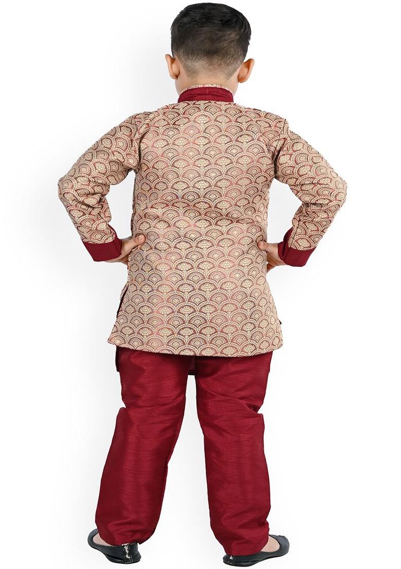 Boys Mandarin Collar Regular Kurta With Pyjamas With Woven Design Jacket - Indya