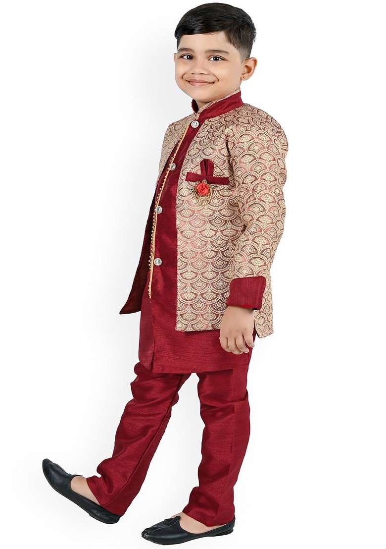 Boys Mandarin Collar Regular Kurta With Pyjamas With Woven Design Jacket - Indya