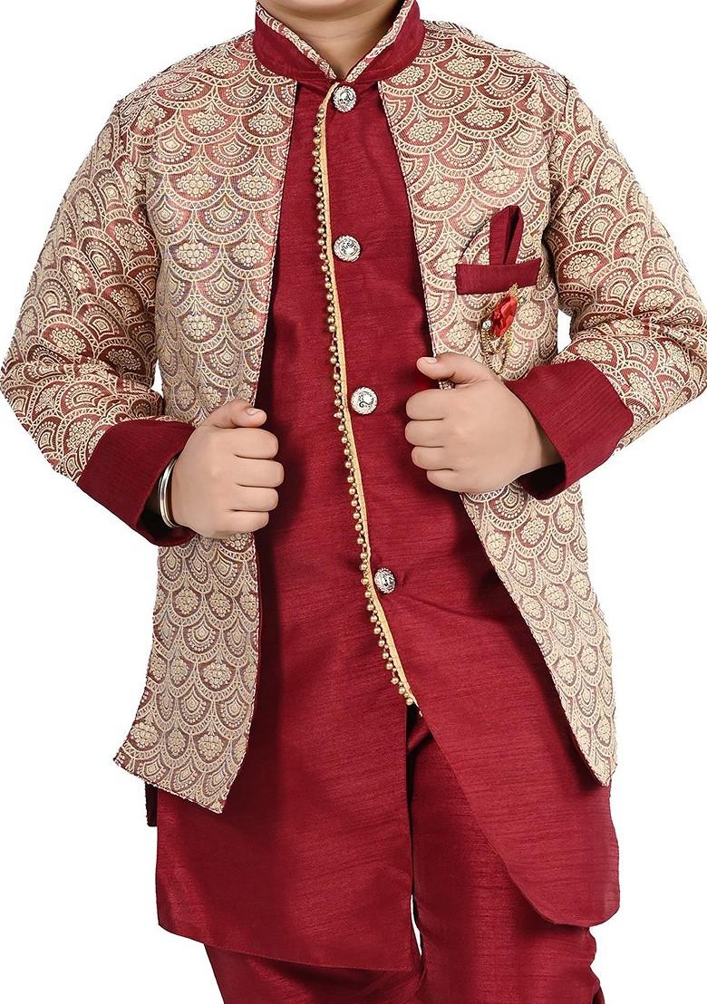 Boys Mandarin Collar Regular Kurta With Pyjamas With Woven Design Jacket - Indya