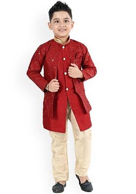 Boys Chevron Embroidered Mandarin Collar Sequined Kurta With Trouser