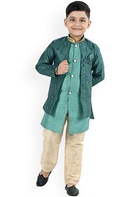 Boys Chevron Embroidered Mandarin Collar Sequined Kurta With Trouser