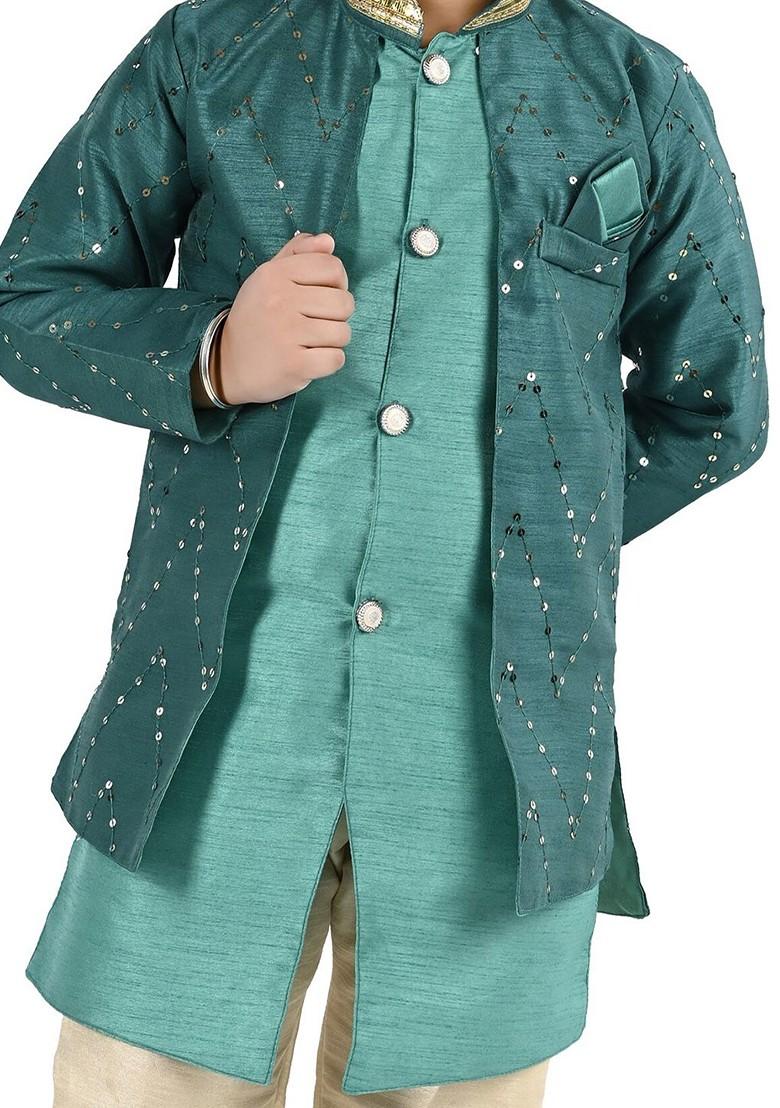 Boys Chevron Embroidered Mandarin Collar Sequined Kurta With Trouser - Indya