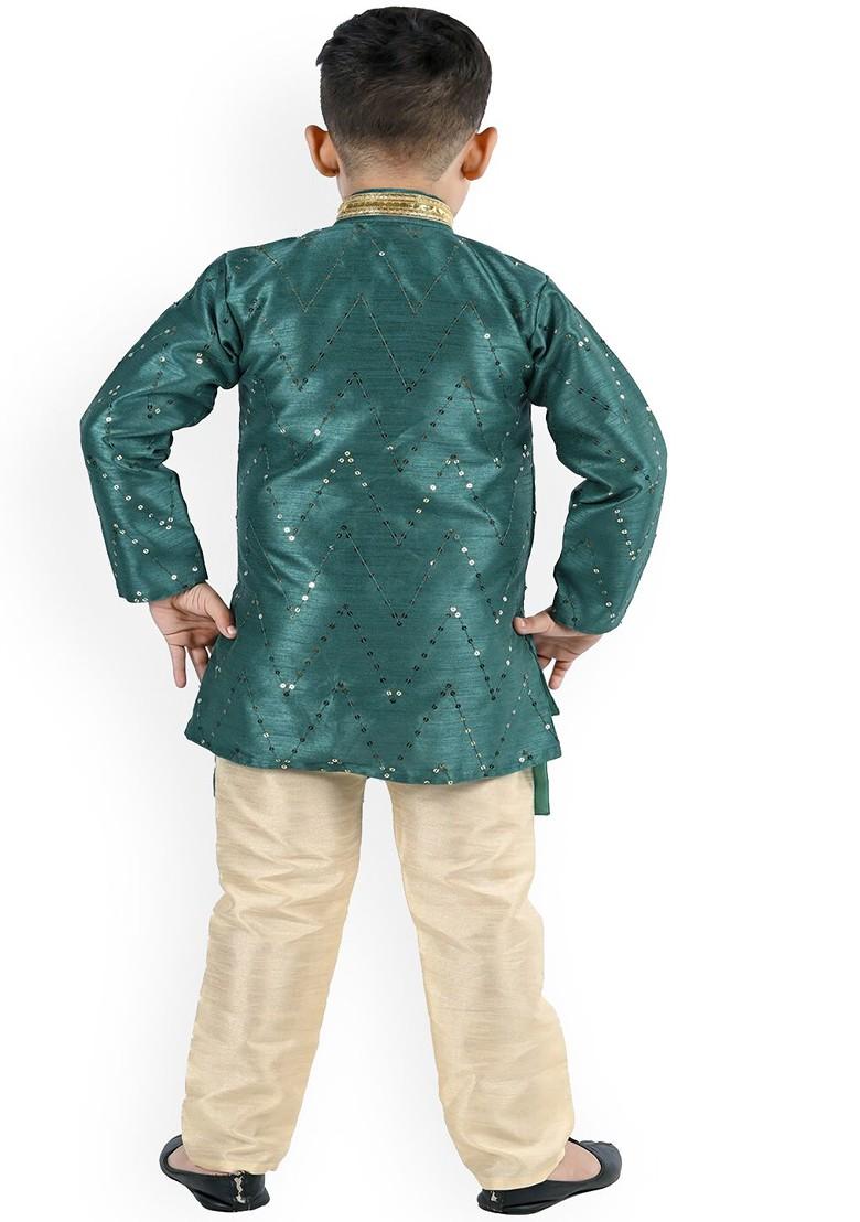 Boys Chevron Embroidered Mandarin Collar Sequined Kurta With Trouser - Indya