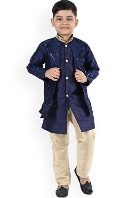Boys Chevron Embroidered Mandarin Collar Sequined Kurta With Trouser