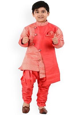 Boys Ethnic Motifs Woven Design Zari Kurta With Churidar