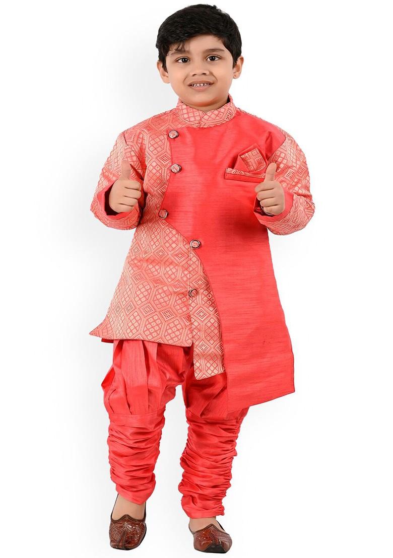 Boys Ethnic Motifs Woven Design Zari Kurta With Churidar - Indya