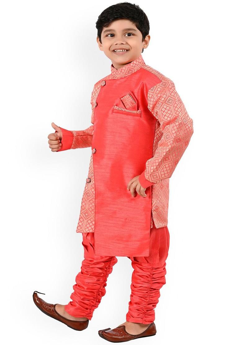 Boys Ethnic Motifs Woven Design Zari Kurta With Churidar - Indya