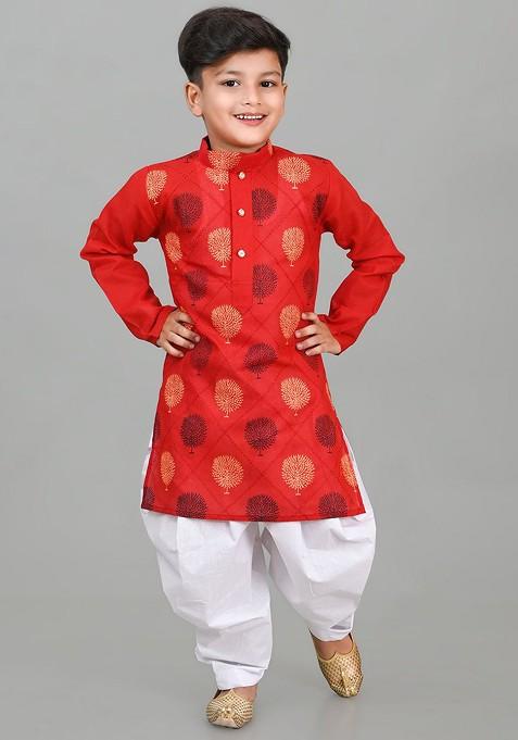 Boys Printed Straight Kurta With Patiala