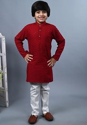 Boys Ethnic Motifs Embroidered Straight Mandarin Collar Thread Work Kurta And Pyjama