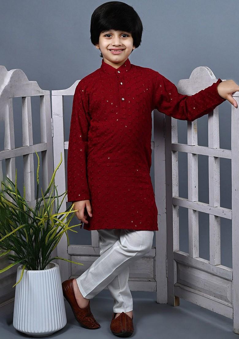 Boys Ethnic Motifs Embroidered Straight Mandarin Collar Thread Work Kurta And Pyjama - Indya