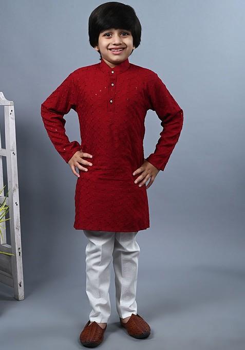 Boys Ethnic Motifs Embroidered Straight Mandarin Collar Thread Work Kurta And Pyjama