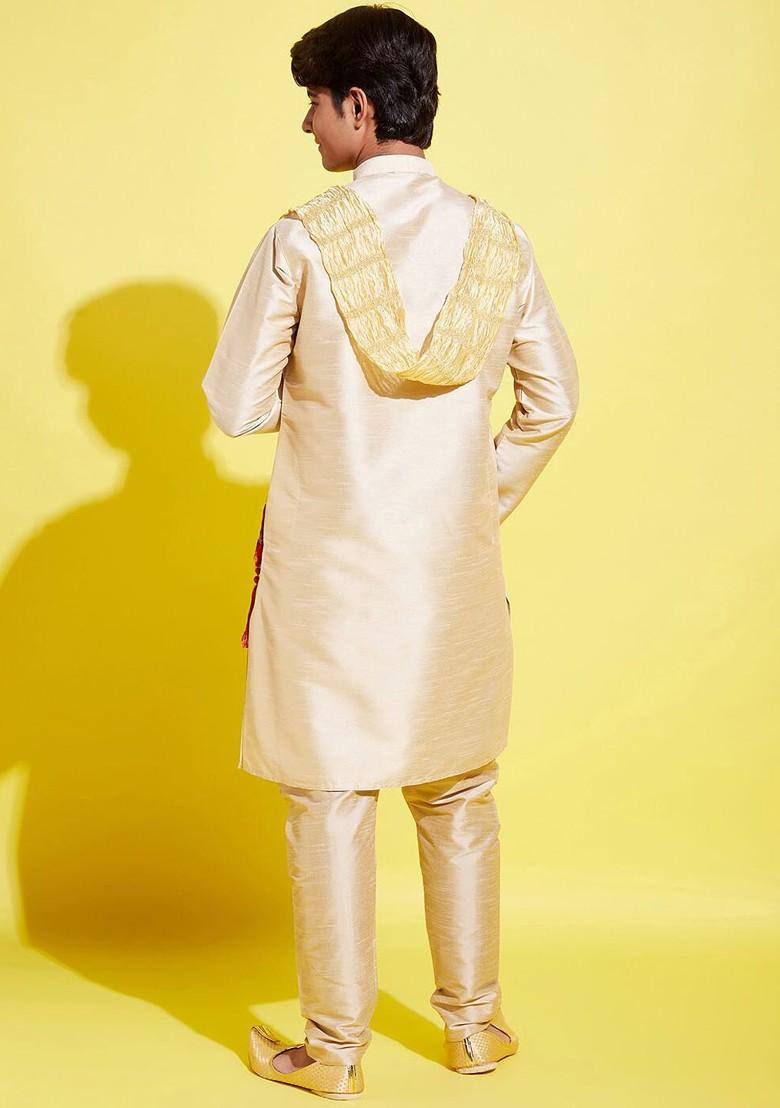 Boys Gold Toned Kurta With Pyjama With Dupatta - Indya