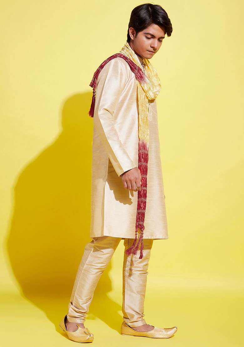 Boys Gold Toned Kurta With Pyjama With Dupatta - Indya