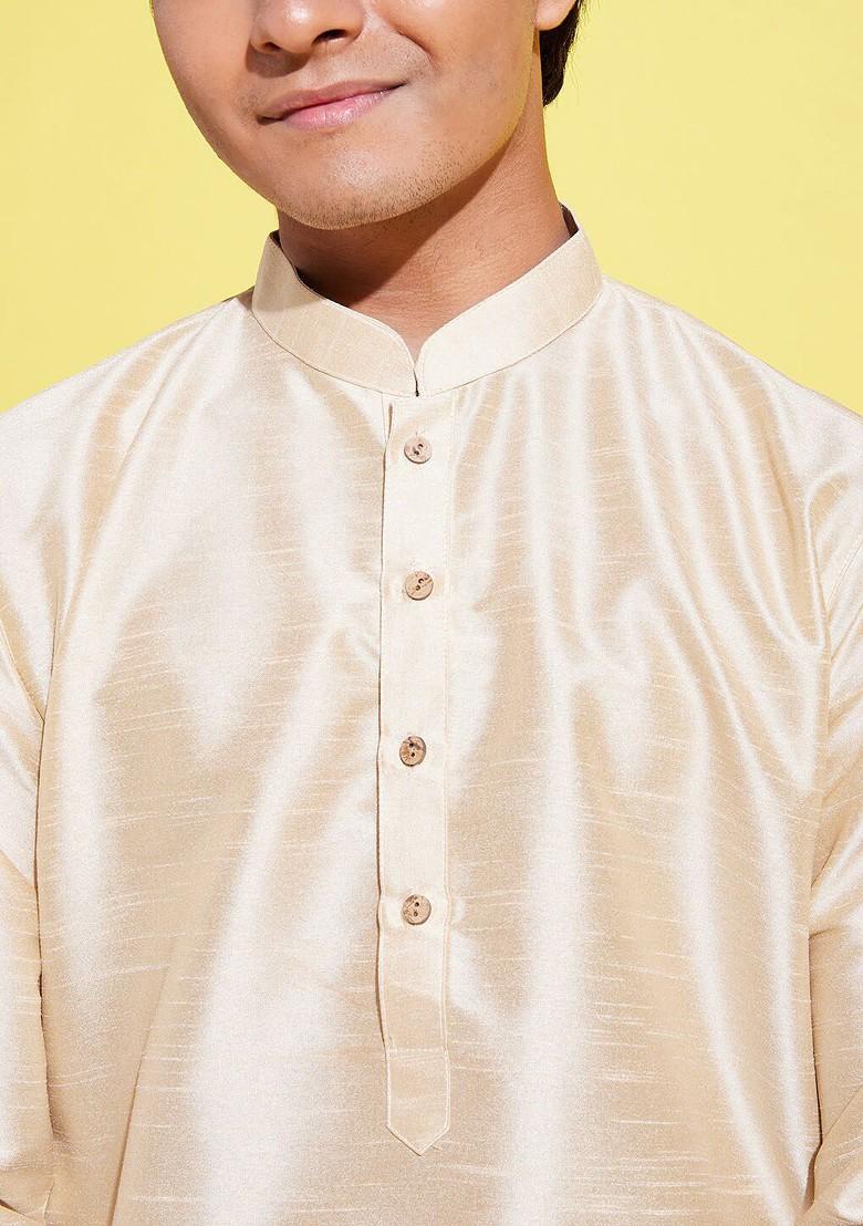 Boys Gold Toned Kurta With Pyjama With Dupatta - Indya