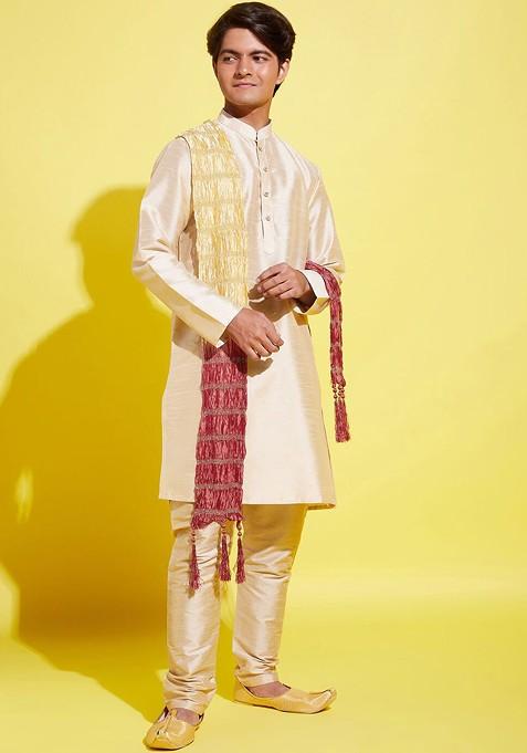 Boys Gold Toned Kurta With Pyjama With Dupatta — view on Indya