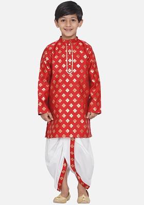 Boys Red Ethnic Motifs Kurta With Dhoti Pants