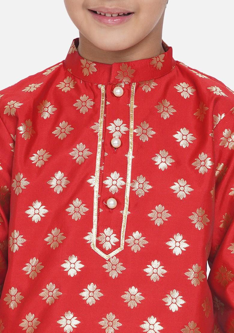 Boys Red Ethnic Motifs Kurta With Dhoti Pants - Indya