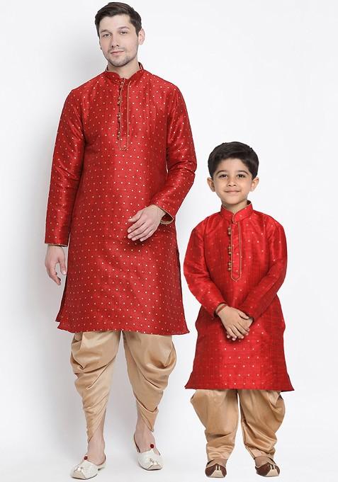 Boys Red And Gold Coloured Kurta With Dhoti Pants