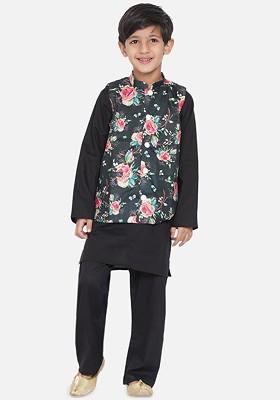 Boys Black Kurta With Pyjamas And Nehru Jacket