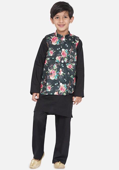 Boys Black Kurta With Pyjamas And Nehru Jacket