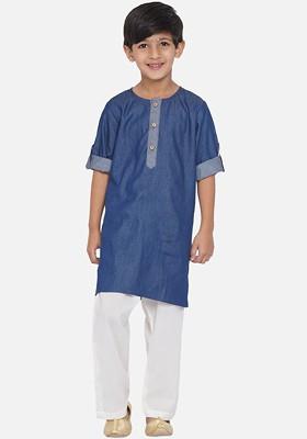 Boys Blue And White Denim Kurta With Pyjamas