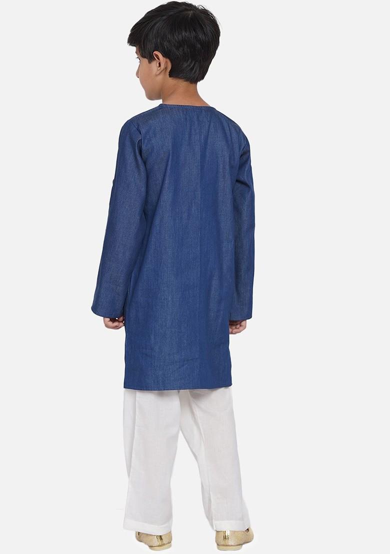 Boys Blue And White Denim Kurta With Pyjamas - Indya