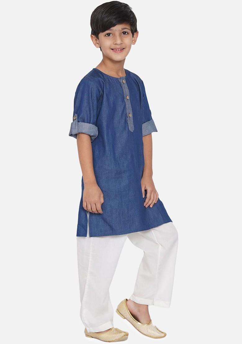 Boys Blue And White Denim Kurta With Pyjamas - Indya