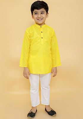 Infant Boys Floral Embroidered Chikankari Pure Cotton Kurta With Pyjamas