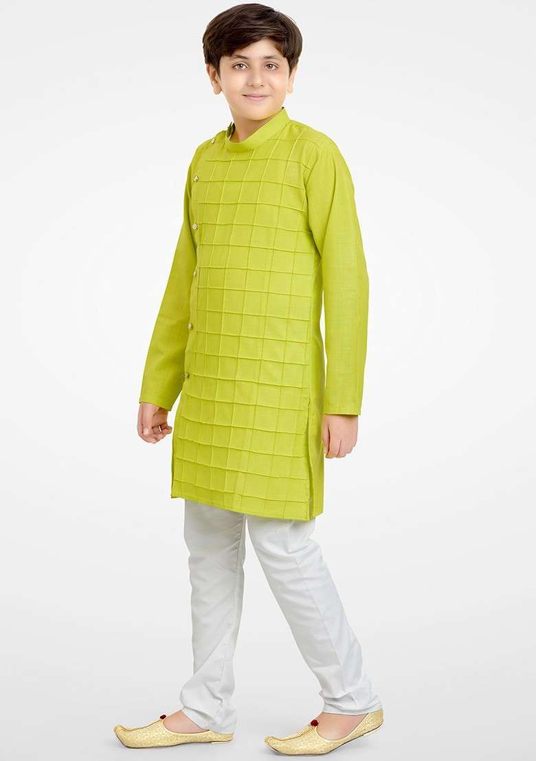 Boys Self Design Band Collar Straight Kurta With Pyjamas - Indya