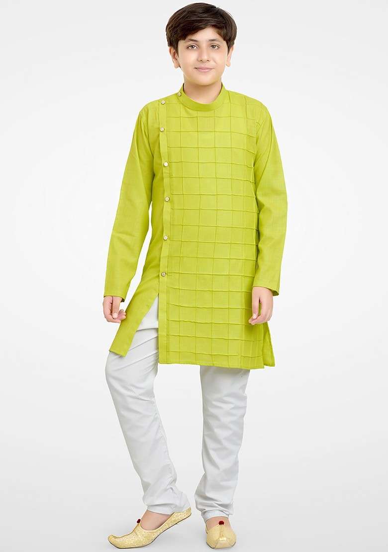 Boys Self Design Band Collar Straight Kurta With Pyjamas - Indya