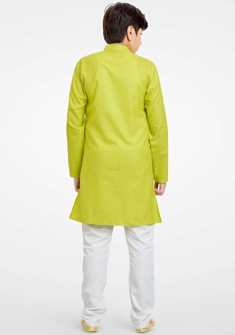 Boys Self Design Band Collar Straight Kurta With Pyjamas - Indya