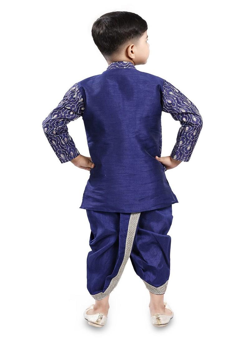 Boys Mandarin Collar Straight Kurta With Dhoti Pants And Jacket - Indya