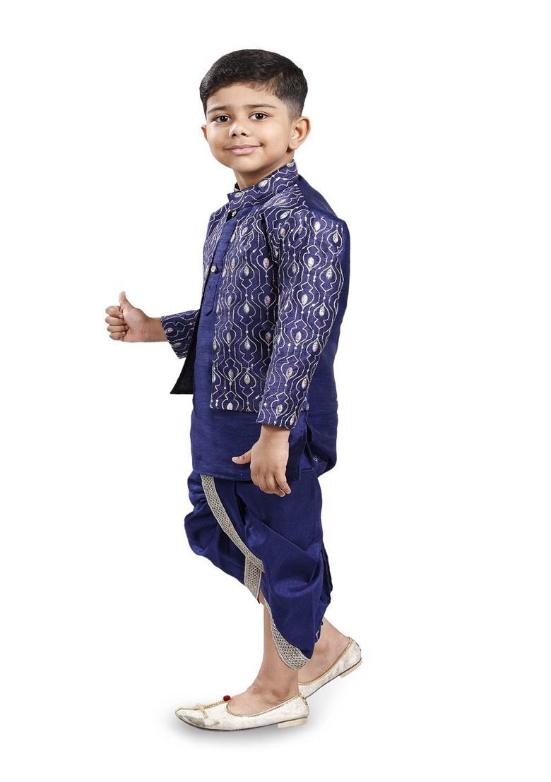 Boys Mandarin Collar Straight Kurta With Dhoti Pants And Jacket - Indya