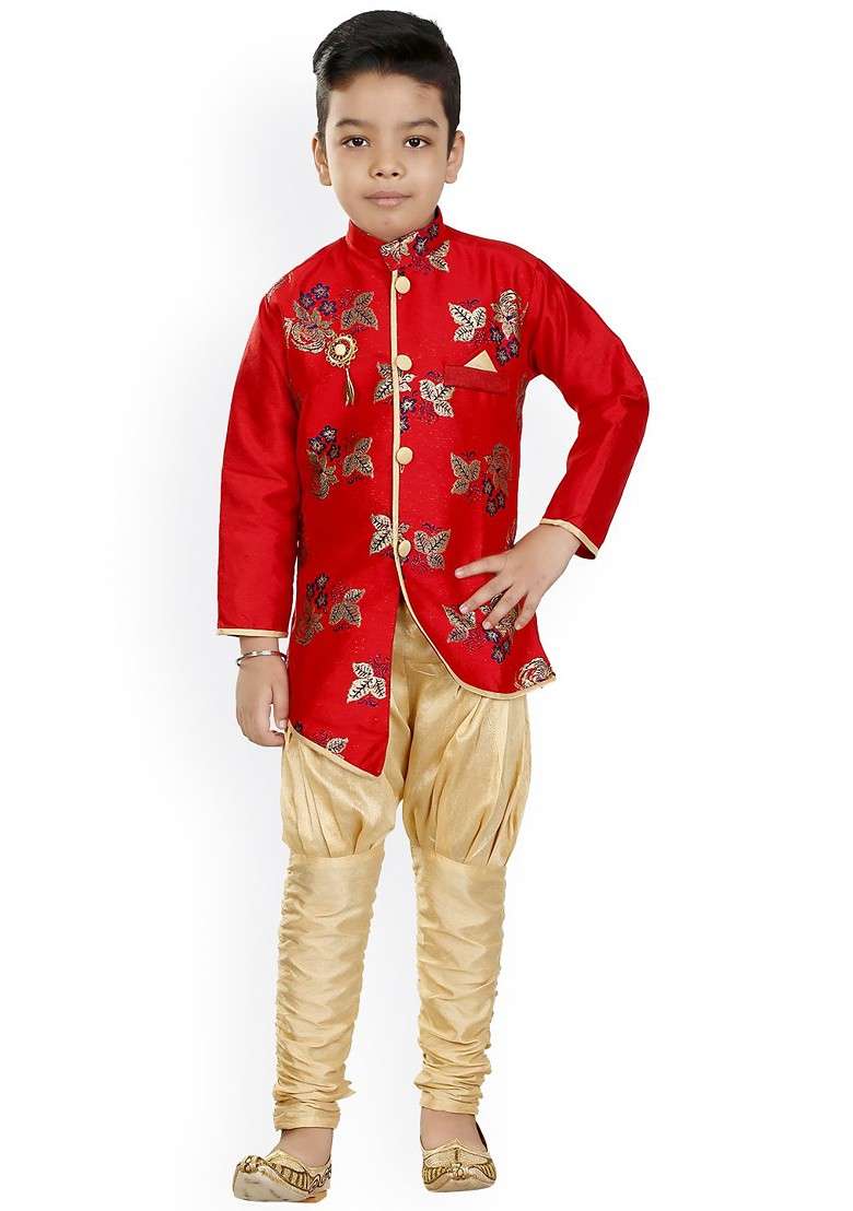 Boys Floral Embroidered Silk Kurta With Churidar - Indya