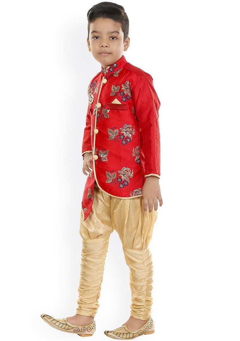 Boys Floral Embroidered Silk Kurta With Churidar - Indya