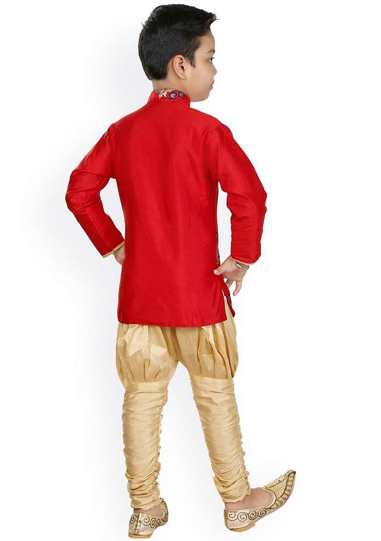 Boys Floral Embroidered Silk Kurta With Churidar - Indya