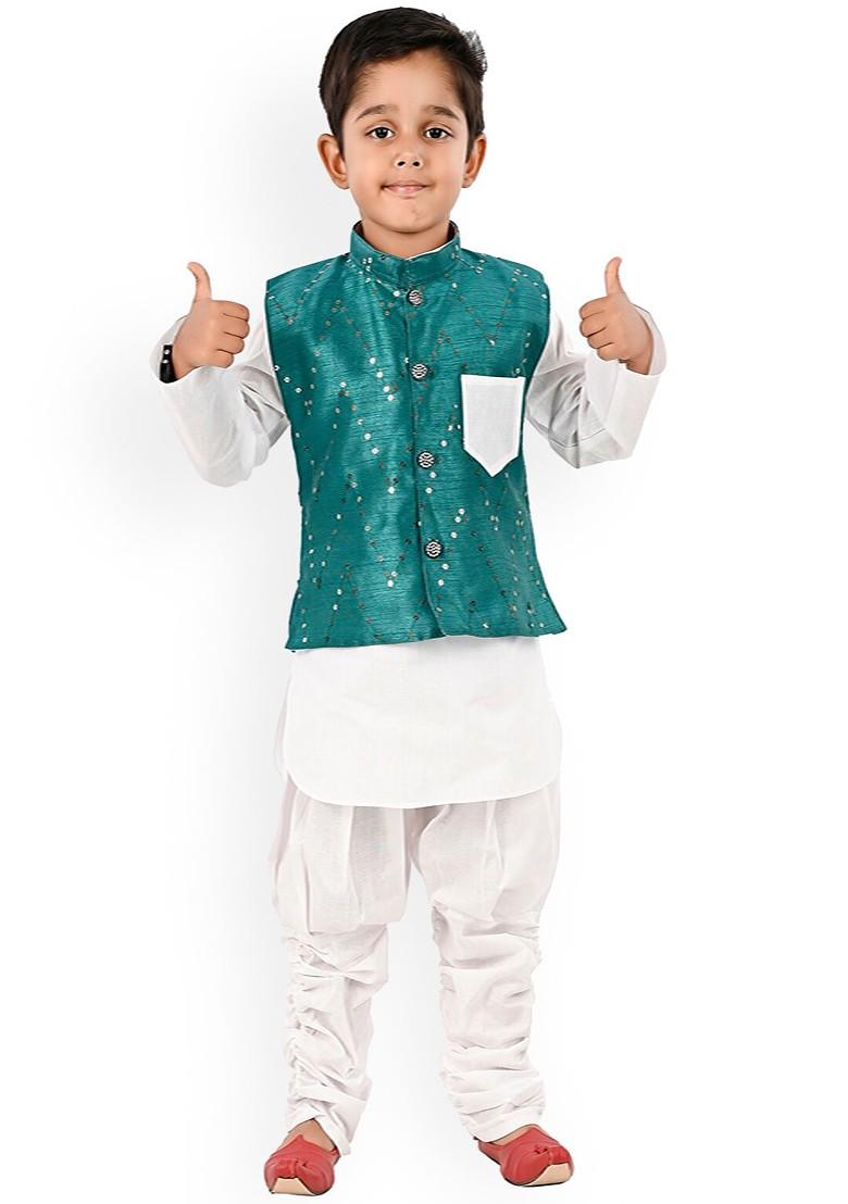 Boys Mandarin Collar Regular Sequinned Pure Cotton Kurta With Pyjamas And Nehru Jacket - Indya