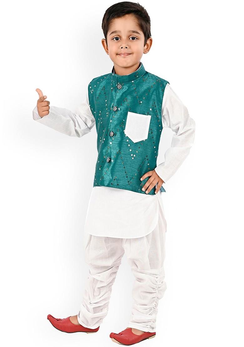Boys Mandarin Collar Regular Sequinned Pure Cotton Kurta With Pyjamas And Nehru Jacket - Indya