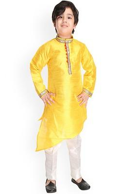 Boys Band Collar Asymmetric Dupion Silk Straight Kurta With Pyjamas