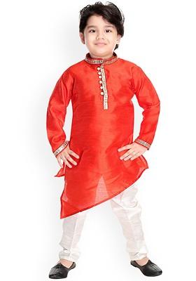 Boys Band Collar Asymmetric Dupion Silk Straight Kurta With Pyjamas