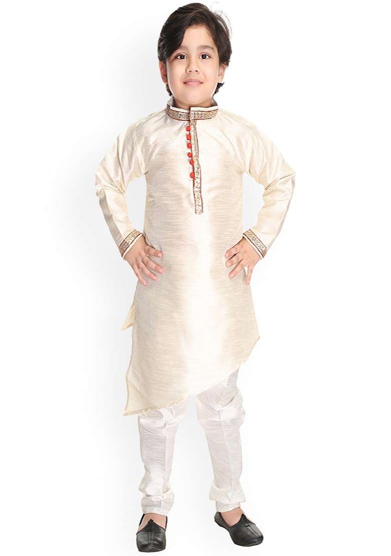 Boys Mandarin Collar Asymmetric Hem Dupion Silk Kurta With Pyjamas - Indya