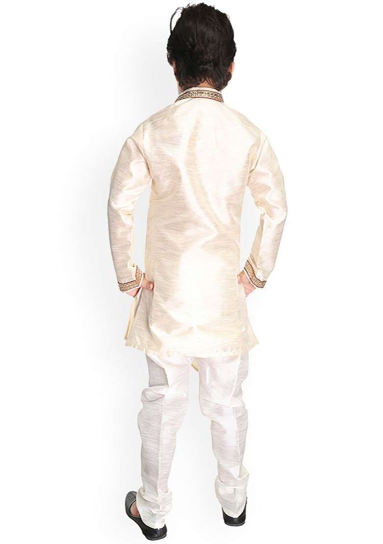 Boys Mandarin Collar Asymmetric Hem Dupion Silk Kurta With Pyjamas - Indya
